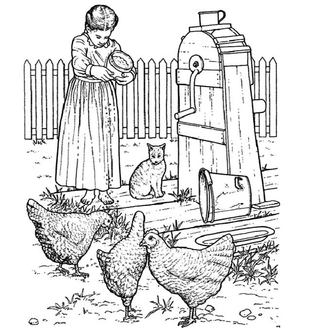 Coloriage et dessins gratuits La nourriture des poules à la ferme à imprimer