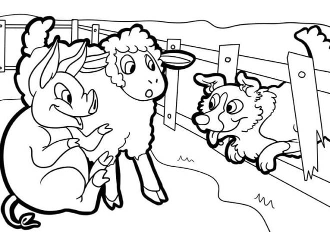 Coloriage et dessins gratuits Le chien de ferme joue avec ses animaux le mouton et le cochon à imprimer