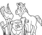 Coloriage Le cochon, le coq et le cheval de la ferme