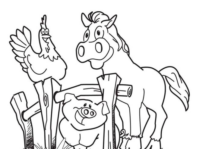 Coloriage et dessins gratuits Le cochon, le coq et le cheval de la ferme à imprimer