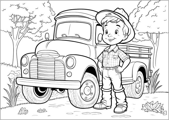 Coloriage et dessins gratuits Le petit fermier devant son camion à imprimer