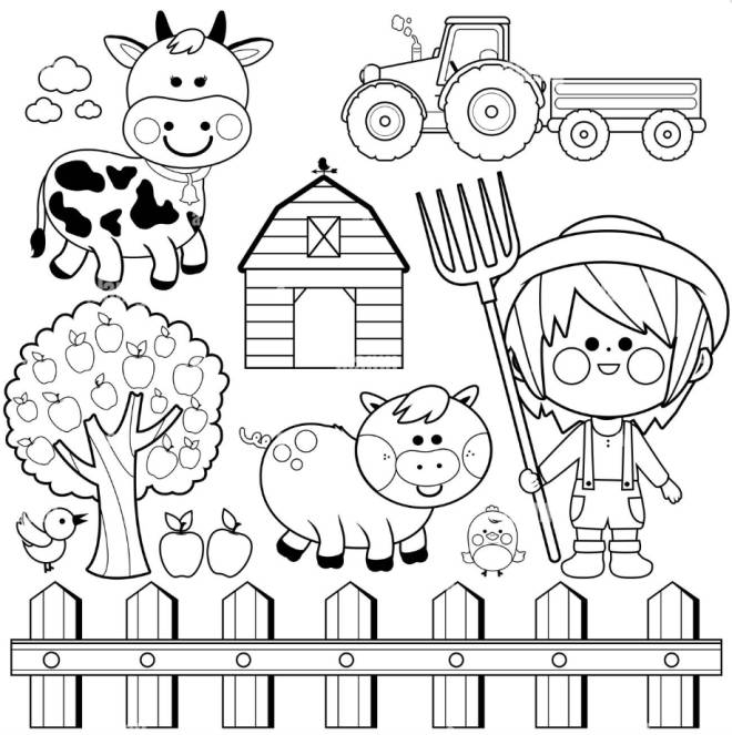 Coloriage et dessins gratuits Le petit fermier et les animaux de la ferme à imprimer
