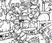 Coloriage Les animaux de la ferme attendent la nourriture