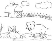 Coloriage Les cochons s'amusent dans la boue