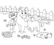 Coloriage Un enfant avec le cheval de la ferme