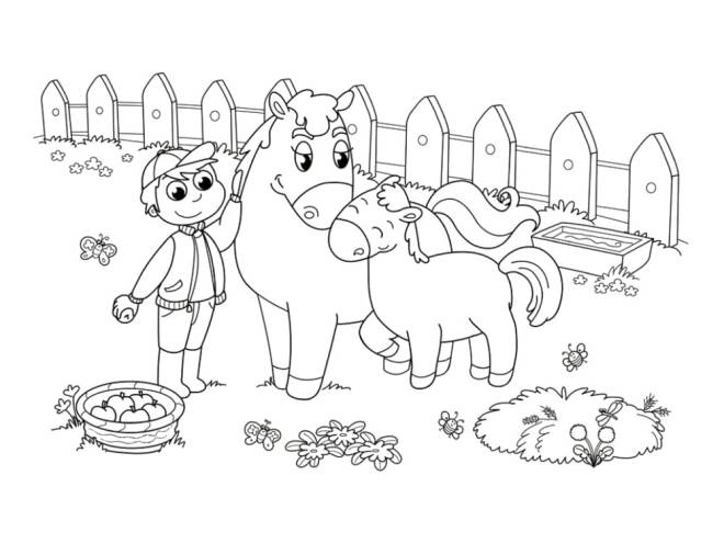 Coloriage et dessins gratuits Un enfant avec le cheval de la ferme à imprimer