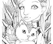 Coloriage Fille ado avec son chat magique