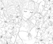 Coloriage Fille ado manga avec motif de fleur