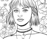 Coloriage Fille ado parmi les fleurs les papillons