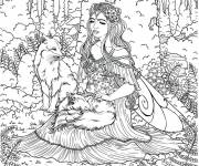 Coloriage Fille ado pr&egrave;s d'un renard dans la foret