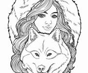 Coloriage Une fille ado avec le loup pour adulte