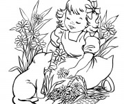 Coloriage Fille collecte les fleurs