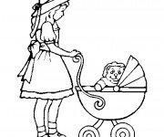 Coloriage Fille pousse la poussette