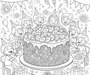Coloriage F&ecirc;te d'anniversaire avec g&acirc;teau