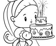 Coloriage Fille mignonne prenant un g&acirc;teau d'anniversaire
