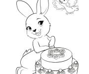 Coloriage G&acirc;teau avec un lapin et un oiseau