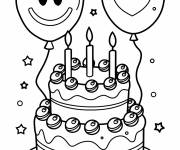 Coloriage G&acirc;teau d&rsquo;anniversaire avec quatre bougies et deux ballons