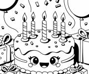 Coloriage G&acirc;teau d'anniversaire kawaii plein de joie