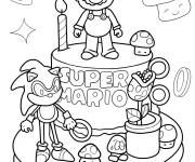 Coloriage G&acirc;teau d'anniversaire Mario et Sonic