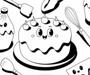 Coloriage G&acirc;teau de dessin anim&eacute; avec un visage joyeux