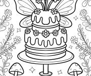 Coloriage G&acirc;teau fantastique avec des fleurs et des ailes de papillon
