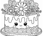 Coloriage G&acirc;teau kawaii aux motifs floraux