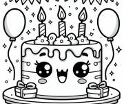 Coloriage G&acirc;teau kawaii avec &eacute;l&eacute;ments de la fete