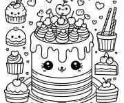 Coloriage G&acirc;teau kawaii avec plusieurs cupcakes