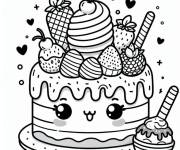Coloriage G&acirc;teau kawaii d&eacute;cor&eacute; avec plusieurs fruits