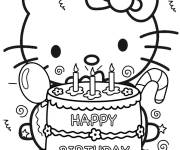 Coloriage Hello Kitty avec son gateau d'anniversaire