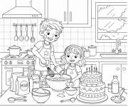 Coloriage Les enfants pr&eacute;parent le g&acirc;teau d'anniversaire