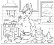 Coloriage Maman pr&eacute;pare le g&acirc;teau d'anniversaire