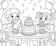 Coloriage Un gar&ccedil;on et une fille mangent leur part de g&acirc;teau
