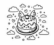 Coloriage Un g&acirc;teau aux cerises kawaii avec des ailes