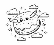 Coloriage Un g&acirc;teau kawaii en volant dans le ciel