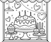 Coloriage Vitrine de p&acirc;tisserie avec un g&acirc;teau d&eacute;licieux qui apparait
