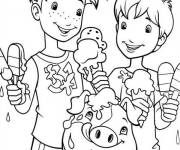 Coloriage Des enfants et un cochon mangent de la glace