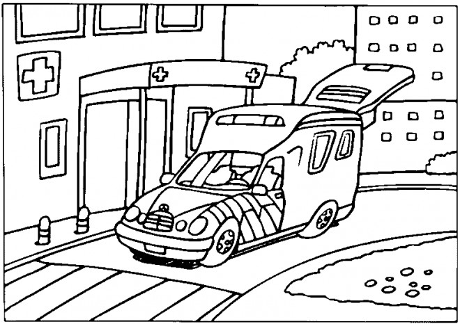 Coloriage et dessins gratuits Une Ambulance devant L'Hôpital à imprimer