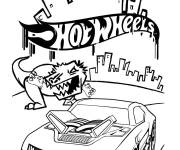 Coloriage Voiture Hot Wheels avec un dinosaure dans la ville