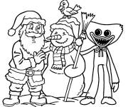 Coloriage Huggy Wuggy avec le p&egrave;re Noel et le bonhomme de neige