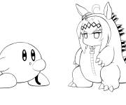 Coloriage Kirby et une fille en costume de dinosaure