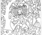 Coloriage Klimt Hiboux sur L'arbre