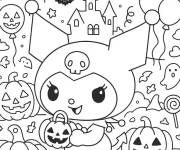 Coloriage Kuromi &agrave; une f&ecirc;te d'Halloween dans le champs des citrouilles