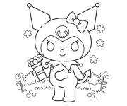 Coloriage Kuromi cueille les fleurs