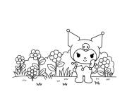 Coloriage Kuromi dans le champs des fleurs