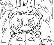 Coloriage Labubu &agrave; l'int&eacute;rieur d'une citrouille d'Halloween