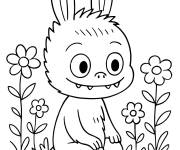 Coloriage Labubu assis dans le jardin des fleurs