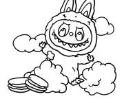 Coloriage Labubu et macarons parmi les nuages