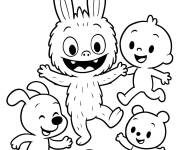 Coloriage Labubu et ses amis en jouant au foot