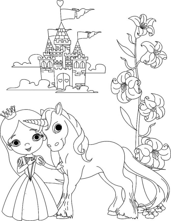 Coloriage et dessins gratuits Belle Licorne et princesse près du château à imprimer